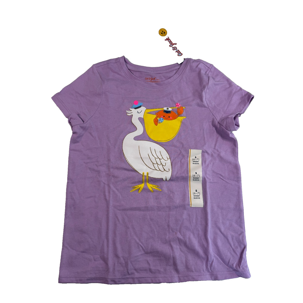 Cat & Jack Girls' Short Sleeve Pelican Graphic T-Shirt Lilac Size S Relaxed Fit